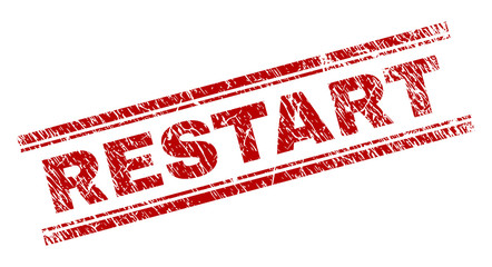 RESTART seal print with grunge texture. Red vector rubber print of RESTART title with retro texture. Text title is placed between double parallel lines.