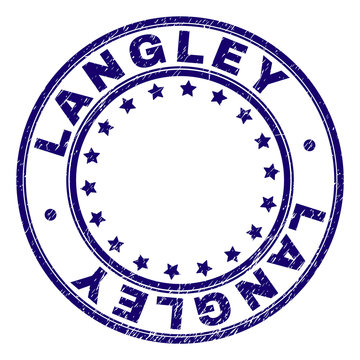 LANGLEY stamp seal imprint with grunge effect. Designed with circles and stars. Blue vector rubber print of LANGLEY caption with grunge texture.