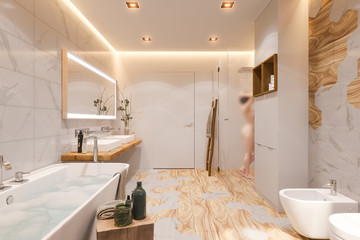 Interior design of a bathroom, 3d illustration in a Scandinavian style