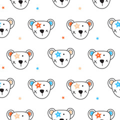 Cute bear heads and stars seamless pattern vector.