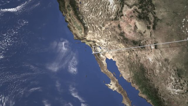 Commercial airplane flying to Tijuana, Mexico, 3D animation 