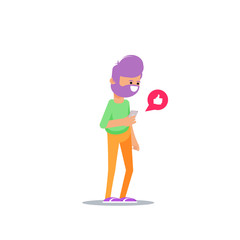 Bearded man is holding a smartphone in his hand. Communication in the network, dating sites and social networks.
