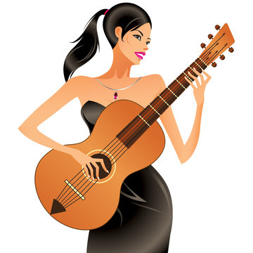 Beautiful woman playing acoustic guitar - vector illustration