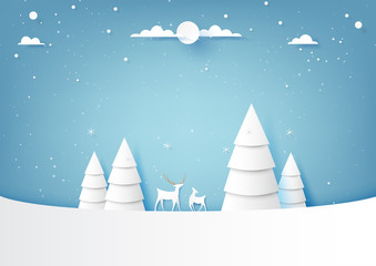 Fototapeta na wymiar Winter season landscape with origami christmas trees and deers wildlife background paper art style for merry christmas and happy new year.Vector illustration.