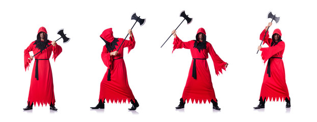 Executioner in red costume with axe on white
