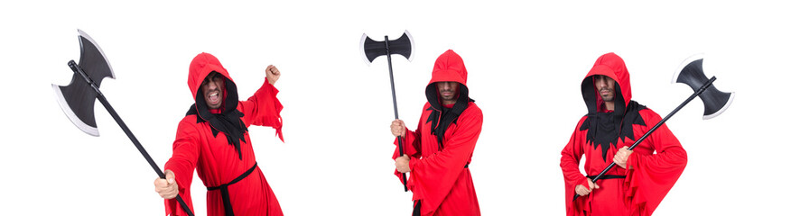 Executioner in red costume with axe on white