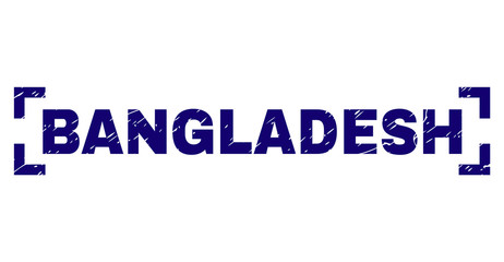 BANGLADESH text seal print with grunge texture. Text tag is placed inside corners. Blue vector rubber print of BANGLADESH with scratched texture.