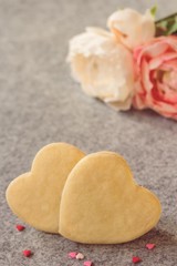 Heart shaped Valentines day background cookies, selective focus