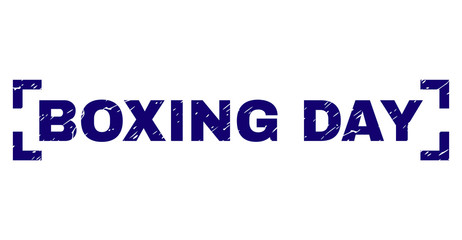 BOXING DAY text seal print with grunge style. Text caption is placed inside corners. Blue vector rubber print of BOXING DAY with unclean texture.