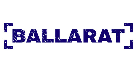 BALLARAT title seal print with distress texture. Text tag is placed between corners. Blue vector rubber print of BALLARAT with corroded texture.