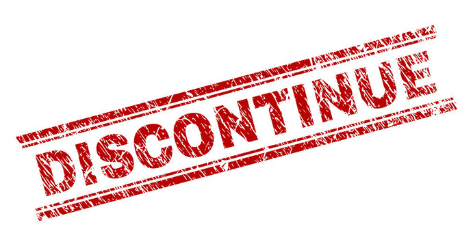 DISCONTINUE seal watermark with grunge texture. Red vector rubber print of DISCONTINUE tag with grunge texture. Text caption is placed between double parallel lines.