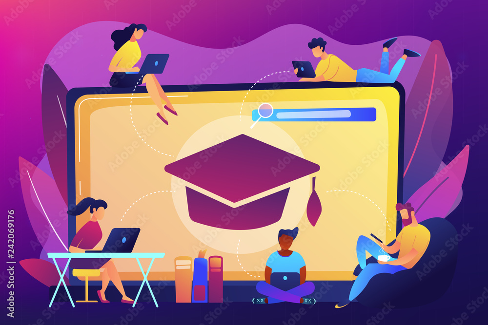 Sticker Students with laptops studying and huge laptop with graduation cap. Free online courses, online certificate courses, online business school concept. Bright vibrant violet vector isolated illustration