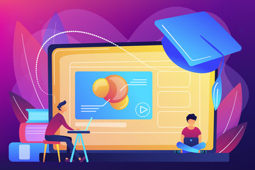 Students using e-learning platform video on laptop and graduation cap. Online education platform, e-learning platform, online teaching concept. Bright vibrant violet vector isolated illustration