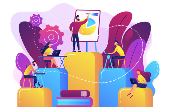 Employees With Laptops Learning At Professional Trainig. Internal Education, Employee Education, Professional Development Program Concept. Bright Vibrant Violet Vector Isolated Illustration