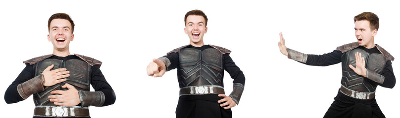 Young funny man in armour suit 