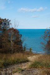 View of Lake Michigan from the sand dunes on a Autumn morning.  Indiana Dunes State Park, Indiana, USA