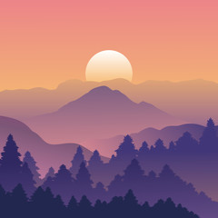 Mountain and forest landscape with trees on Sunset, Vector illustration