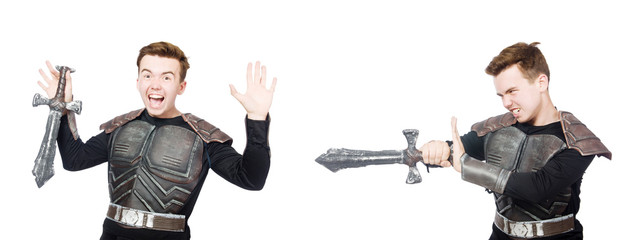Young funny man in armour suit 