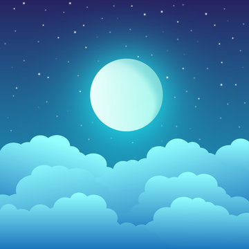 Full moon with clouds and stars in the night sky. Vector illustration