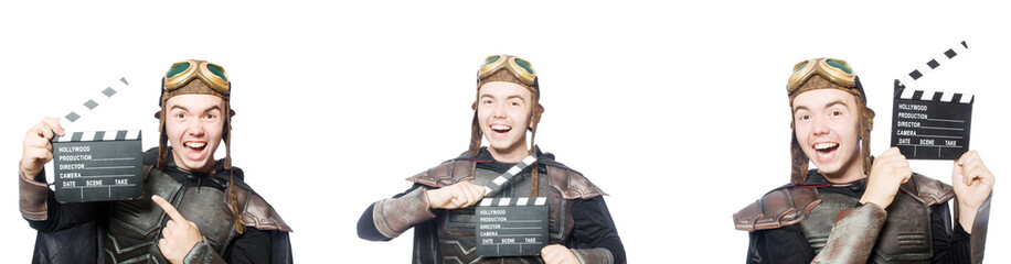 Young funny man in armour suit 