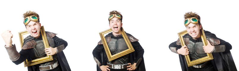 Young funny man in armour suit 