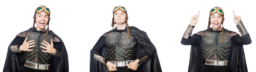 Young funny man in armour suit 