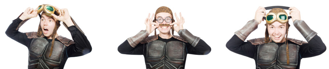 Young funny man in armour suit 