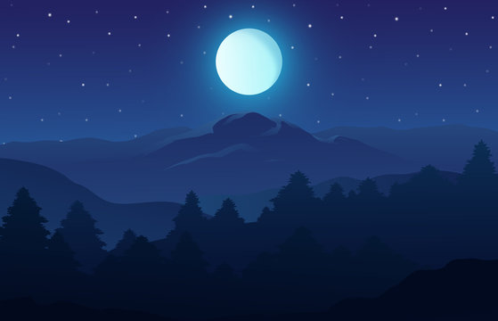 Vector illustration of night time nature landscape in the forest with a Mountain, Full moon and a Starry sky