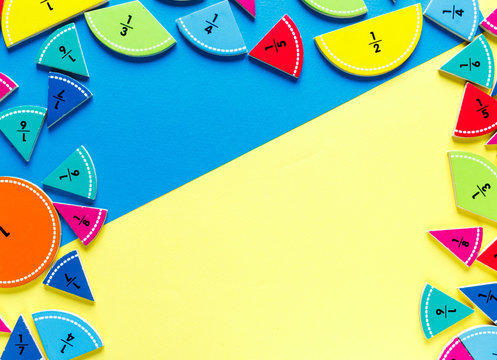 colorful math fractions on the bright backgrounds. interesting math for kids. Education, back to school concept. Geometry and mathematics materials.