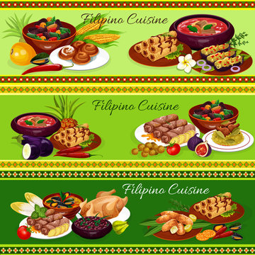 Filipino meat dishes with vegetable, fruit dessert