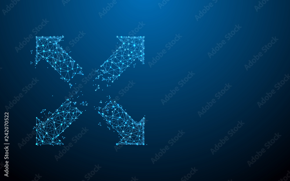 Poster extend, resize and cross arrow sign form lines, triangles and particle style design. illustration ve