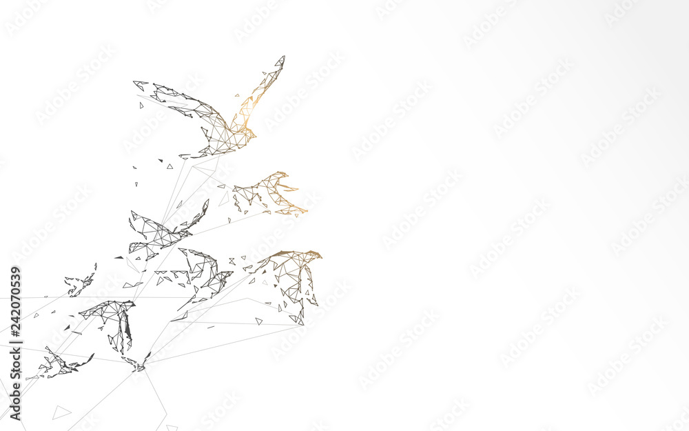 Poster Flying birds form lines, triangles and particle style design. Illustration vector