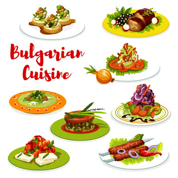Bulgarian cuisine meat dishes with veggies, cheese