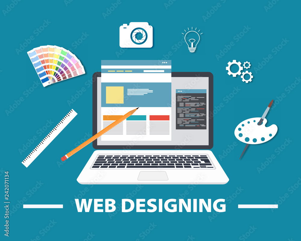 Poster web designing. responsive web design flat vector, web design technology, including laptop. elements 