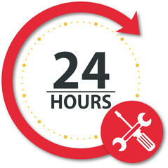 24 Hours. Label or Sticker for Customer Service, Support or CRM Concept Isolated on White Background. Service and support