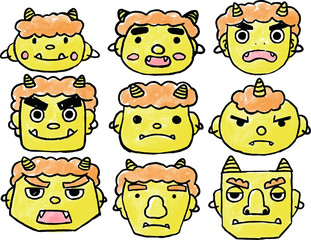 Watercolor style yellow demon's face set