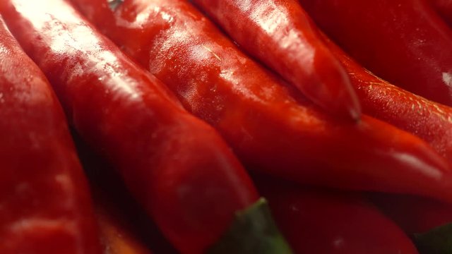 Red chili pepper. Red pepper harvest, closeup, 4K
