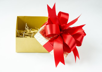 Empty gift box with red ribbon , Isolated on white background