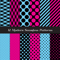 Hot Pink, Blue and Black Fishnet, Polka Dot and Candy Stripes Seamless Vector Patterns. Perfect for Girls Monster Dolls Party or Bachelorette or Sweet 16 Party. Repeating Pattern Tile Swatches Incl