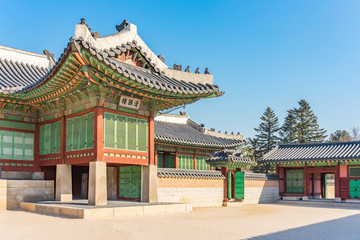 Traditional Korean architecture at Gyeongbokgung Palace in Seoul, South Korea.