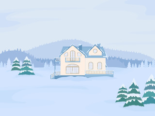 Vector illustration of suburban family house with mansard and firs against the winter landscape background.