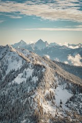 Aerial view of the north cascade mountain range in winter