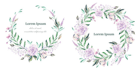 Fototapeta na wymiar Watercolor wreath for wedding or romantic design. Floral composi