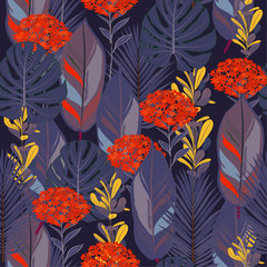 Dark Summer ninght colorful botanical jungle leaves pattern, tropical seamless, hydenyear flower for fashion fabric and all prints