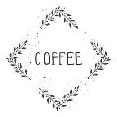 Vector hand drawn illustration of text COFFEE and floral rhomboid frame with grunge ink texture.
