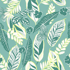 Retro tropical leaves and foliage seamless pattern vector in hand drawn style for fashion fabric and all prints