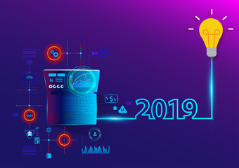 Creative light bulb idea 2019 new year with laptop computer PC, Vector illustration modern layout template design