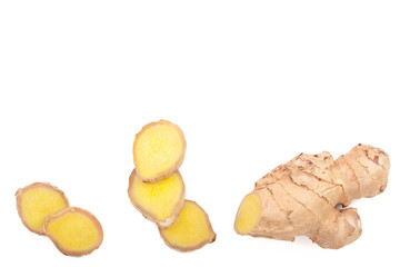fresh Ginger root and slice isolated on white background with copy space for your text. Top view. Flat lay