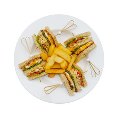 club sandwich on white plate with french fried isolated on white background included clipping path