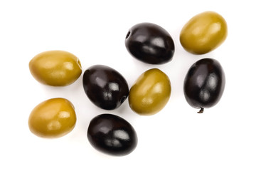 Green and black olives isolated on a white background. Top view. Flat lay